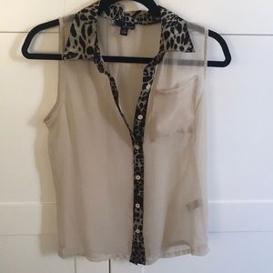 New leopard lined sheer button up cream tank